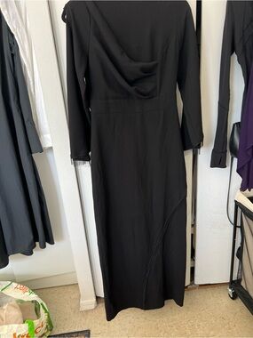Classic Black Long Sleeve Evening Dress - Elegant Draped front beaded on sleeve